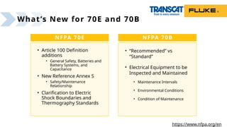 What’s New for 70E and 70B
NFPA 70E
• Article 100 Definition
additions
• General Safety, Batteries and
Battery Systems, and
Capacitance
• New Reference Annex S
• Safety/Maintenance
Relationship
• Clarification to Electric
Shock Boundaries and
Thermography Standards
NFPA 70B
• “Recommended” vs
“Standard”
• Electrical Equipment to be
Inspected and Maintained
• Maintenance Intervals
• Environmental Conditions
• Condition of Maintenance
https://www.nfpa.org/en
 