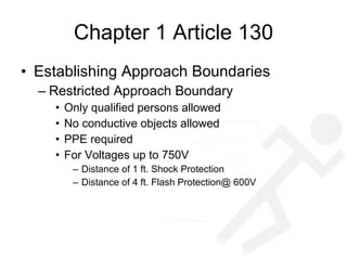 Chapter 1 Article 130 Establishing Approach Boundaries Restricted Approach Boundary Only qualified persons allowed No conductive objects allowed PPE required For Voltages up to 750V Distance of 1 ft. Shock Protection  Distance of 4 ft. Flash Protection@ 600V 