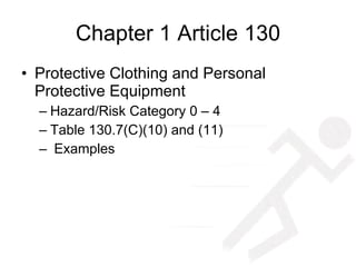 Chapter 1 Article 130 Protective Clothing and Personal Protective Equipment Hazard/Risk Category 0 – 4  Table 130.7(C)(10) and (11) Examples 