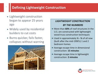 7 Lightweight Construction:
Firefighter Fatality Case Studies
 February 2011 (California): Career Firefighter/Paramedic Dies From Injuries
Following an Unexpected Ceiling Collapse
 April 2008 (Ohio): Career Captain and Part-Time Firefighter Die in a Residential Floor
Collapse
 August 2007 (Texas): Volunteer, Mutual Aid Captain and Firefighter Die in a
Remodeled Residential Structure Fire
 May 2007 (Georgia): Career Firefighter Dies and Captain is Injured During a Civilian
Rescue Attempt at a Residential Structure Fire
 April 2007 (Virginia): Career Firefighter Dies in Wind-Driven Residential Structure Fire
The full case studies are available at:
www.firesprinklerinitiative.org/firefightersafety
© National Fire Protection Association. All rights reserved.
 