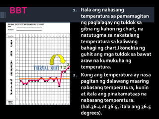 1. Itala ang nabasang
temperatura sa pamamagitan
ng paglalagay ng tuldok sa
gitna ng kahon ng chart, na
natutugma sa nakatalang
temperatura sa kaliwang
bahagi ng chart.Ikonekta ng
guhit ang mga tuldok sa bawat
araw na kumukuha ng
temperatura.
2. Kung ang temperatura ay nasa
pagitan ng dalawang maaring
nabasang temperatura, kunin
at itala ang pinakamataas na
nabasang temperatura.
(hal.36.4 at 36.5, itala ang 36.5
degrees).
BBT
 