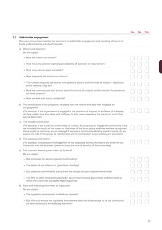 Yes   No   N/A

3.2   Stakeholder engagement
      Does our annual report explain our approach to stakeholder engagement and reporting of source of
      funds and fundraising activities? Consider:

      a) Donors and sponsors
           Do we explain:

           > How we contact our donors?

           > If we have any policies regarding acceptability of sponsors or major donors?

           > How many donors were contacted?

           > How frequently we contact our donors?

           > The number enquiries we receive from potential donors and the mode of enquiry – telephone,
              email, website, blog etc?

           > How we communicate with donors about the choice of projects and the results of expenditure
              on those projects?

           > How we deal with donor complaints?

      b) The beneficiaries of our programs, including how we receive and deal with feedback on
         our programs?
           (For example, if the organisation is engaged in the provision of support for sufferers of a disease,
           do they explain how they liaise with sufferers or their carers regarding the manner in which that
           care is delivered?)

      c) The broader community?
           (For example, if we survey our community or conduct focus groups to engage the community, have
           we included the results of the survey or outcomes of the focus group and how we have recognised
           those results or outcomes in our strategy? If we have a community advisory board or panel, do we
           explain the role of the group, its membership and its contribution to our strategy and activities?)

      d) The business community?
           (For example, including acknowledgement of our corporate donors, the nature and extent of our
           interaction with the business community and the mutual benefits of the relationship)

      e) The state and federal governments as funders?
           Do we explain:

           > Our processes for securing government funding?

           > The extent of our reliance on government funding?

           > Our potential commitments arising from the receipt and use of government funds?

           > The KPIs or other conditions specified in government funding agreements and the extent to
              which they were met during the reporting period

      f)   State and federal governments as regulators?
           Do we explain:

           > The regulatory environment in which we operate?

           > Our efforts to ensure the regulatory environment does not disadvantage us or the community
              we serve (advocacy and lobbying activities)?




                                                                                                                               17
 