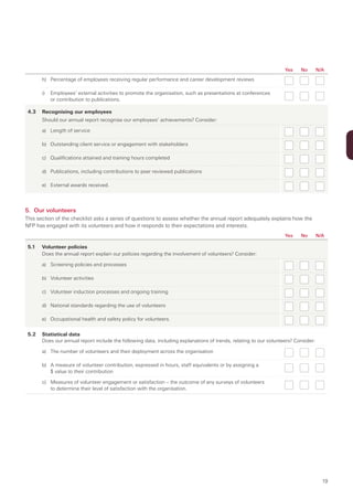 Yes    No        N/A

       h) Percentage of employees receiving regular performance and career development reviews

       i)   Employees’ external activities to promote the organisation, such as presentations at conferences
            or contribution to publications.

 4.3   Recognising our employees
       Should our annual report recognise our employees’ achievements? Consider:

       a) Length of service

       b) Outstanding client service or engagement with stakeholders

       c) Qualifications attained and training hours completed

       d) Publications, including contributions to peer reviewed publications

       e) External awards received.




5. Our volunteers
This section of the checklist asks a series of questions to assess whether the annual report adequately explains how the
NFP has engaged with its volunteers and how it responds to their expectations and interests.
                                                                                                                   Yes    No        N/A

 5.1   Volunteer policies
       Does the annual report explain our policies regarding the involvement of volunteers? Consider:

       a) Screening policies and processes

       b) Volunteer activities

       c) Volunteer induction processes and ongoing training

       d) National standards regarding the use of volunteers

       e) Occupational health and safety policy for volunteers.


 5.2   Statistical data
       Does our annual report include the following data, including explanations of trends, relating to our volunteers? Consider:

       a) The number of volunteers and their deployment across the organisation

       b) A measure of volunteer contribution, expressed in hours, staff equivalents or by assigning a
          $ value to their contribution

       c) Measures of volunteer engagement or satisfaction – the outcome of any surveys of volunteers
          to determine their level of satisfaction with the organisation.




                                                                                                                                      19
 