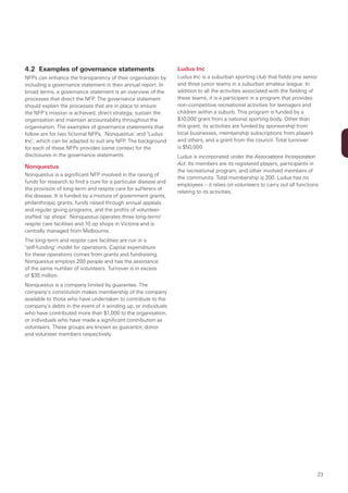 4.2 Examples of governance statements                            Ludus Inc
NFPs can enhance the transparency of their organisation by       Ludus Inc is a suburban sporting club that fields one senior
including a governance statement in their annual report. In      and three junior teams in a suburban amateur league. In
broad terms, a governance statement is an overview of the        addition to all the activities associated with the fielding of
processes that direct the NFP. The governance statement          these teams, it is a participant in a program that provides
should explain the processes that are in place to ensure         non-competitive recreational activities for teenagers and
the NFP’s mission is achieved, direct strategy, sustain the      children within a suburb. This program is funded by a
organisation and maintain accountability throughout the          $10,000 grant from a national sporting body. Other than
organisation. The examples of governance statements that         this grant, its activities are funded by sponsorship from
follow are for two fictional NFPs, ‘Nonquestus’ and ‘Ludus       local businesses, membership subscriptions from players
Inc’, which can be adapted to suit any NFP. The background       and others, and a grant from the council. Total turnover
for each of these NFPs provides some context for the             is $50,000.
disclosures in the governance statements.                        Ludus is incorporated under the Associations Incorporation
                                                                 Act. Its members are its registered players, participants in
Nonquestus
                                                                 the recreational program, and other involved members of
Nonquestus is a significant NFP involved in the raising of
                                                                 the community. Total membership is 200. Ludus has no
funds for research to find a cure for a particular disease and
                                                                 employees – it relies on volunteers to carry out all functions
the provision of long-term and respite care for sufferers of
                                                                 relating to its activities.
the disease. It is funded by a mixture of government grants,
philanthropic grants, funds raised through annual appeals
and regular giving programs, and the profits of volunteer-
staffed ‘op shops’. Nonquestus operates three long-term/
respite care facilities and 10 op shops in Victoria and is
centrally managed from Melbourne.
The long-term and respite care facilities are run in a
‘self-funding’ model for operations. Capital expenditure
for these operations comes from grants and fundraising.
Nonquestus employs 200 people and has the assistance
of the same number of volunteers. Turnover is in excess
of $35 million.
Nonquestus is a company limited by guarantee. The
company’s constitution makes membership of the company
available to those who have undertaken to contribute to the
company’s debts in the event of it winding up, or individuals
who have contributed more than $1,000 to the organisation,
or individuals who have made a significant contribution as
volunteers. These groups are known as guarantor, donor
and volunteer members respectively.




                                                                                                                                  23
 