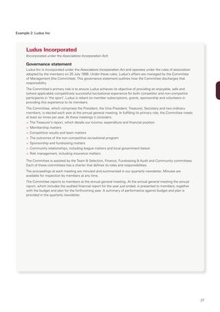 Example 2: Ludus Inc




      Ludus Incorporated
      (Incorporated under the Associations Incorporation Act)

      Governance statement
      Ludus Inc is incorporated under the Associations Incorporation Act and operates under the rules of association
      adopted by the members on 20 July 1998. Under these rules, Ludus’s affairs are managed by the Committee
      of Management (the Committee). This governance statement outlines how the Committee discharges that
      responsibility.
      The Committee’s primary role is to ensure Ludus achieves its objective of providing an enjoyable, safe and
      (where applicable) competitively successful recreational experience for both competitor and non-competitor
      participants in ‘the sport’. Ludus is reliant on member subscriptions, grants, sponsorship and volunteers in
      providing this experience to its members.
      The Committee, which comprises the President, the Vice-President, Treasurer, Secretary and two ordinary
      members, is elected each year at the annual general meeting. In fulfilling its primary role, the Committee meets
      at least six times per year. At these meetings it considers:
      > The Treasurer’s report, which details our income, expenditure and financial position
      > Membership matters
      > Competitive results and team matters
      > The outcomes of the non-competitive recreational program
      > Sponsorship and fundraising matters
      > Community relationships, including league matters and local government liaison
      > Risk management, including insurance matters.

      The Committee is assisted by the Team & Selection, Finance, Fundraising & Audit and Community committees.
      Each of these committees has a charter that defines its roles and responsibilities.
      The proceedings at each meeting are minuted and summarised in our quarterly newsletter. Minutes are
      available for inspection by members at any time.
      The Committee reports to members at the annual general meeting. At the annual general meeting the annual
      report, which includes the audited financial report for the year just ended, is presented to members, together
      with the budget and plan for the forthcoming year. A summary of performance against budget and plan is
      provided in the quarterly newsletter.




                                                                                                                         27
 