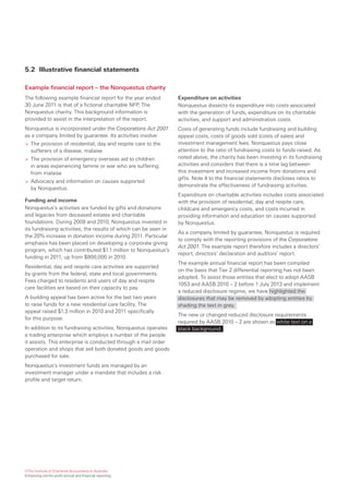 5.2 Illustrative financial statements

Example financial report – the Nonquestus charity
The following example financial report for the year ended         Expenditure on activities
30 June 2011 is that of a fictional charitable NFP, The           Nonquestus dissects its expenditure into costs associated
Nonquestus charity. This background information is                with the generation of funds, expenditure on its charitable
provided to assist in the interpretation of the report.           activities, and support and administration costs.
Nonquestus is incorporated under the Corporations Act 2001        Costs of generating funds include fundraising and building
as a company limited by guarantee. Its activities involve:        appeal costs, costs of goods sold (costs of sales) and
> The provision of residential, day and respite care to the       investment management fees. Nonquestus pays close
  sufferers of a disease, malaise                                 attention to the ratio of fundraising costs to funds raised. As
> The provision of emergency overseas aid to children             noted above, the charity has been investing in its fundraising
  in areas experiencing famine or war who are suffering           activities and considers that there is a time lag between
  from malaise                                                    this investment and increased income from donations and
                                                                  gifts. Note 4 to the financial statements discloses ratios to
> Advocacy and information on causes supported
                                                                  demonstrate the effectiveness of fundraising activities.
  by Nonquestus.
                                                                  Expenditure on charitable activities includes costs associated
Funding and income                                                with the provision of residential, day and respite care,
Nonquestus’s activities are funded by gifts and donations         childcare and emergency costs, and costs incurred in
and legacies from deceased estates and charitable                 providing information and education on causes supported
foundations. During 2009 and 2010, Nonquestus invested in         by Nonquestus.
its fundraising activities, the results of which can be seen in
                                                                  As a company limited by guarantee, Nonquestus is required
the 20% increase in donation income during 2011. Particular
                                                                  to comply with the reporting provisions of the Corporations
emphasis has been placed on developing a corporate giving
                                                                  Act 2001. The example report therefore includes a directors’
program, which has contributed $1.1 million to Nonquestus’s
                                                                  report, directors’ declaration and auditors’ report.
funding in 2011, up from $800,000 in 2010.
                                                                  The example annual financial report has been compiled
Residential, day and respite care activities are supported
                                                                  on the basis that Tier 2 differential reporting has not been
by grants from the federal, state and local governments.
                                                                  adopted. To assist those entities that elect to adopt AASB
Fees charged to residents and users of day and respite
                                                                  1053 and AASB 2010 – 2 before 1 July 2013 and implement
care facilities are based on their capacity to pay.
                                                                  a reduced disclosure regime, we have highlighted the
A building appeal has been active for the last two years          disclosures that may be removed by adopting entities by
to raise funds for a new residential care facility. The           shading the text in grey.
appeal raised $1.3 million in 2010 and 2011 specifically
                                                                  The new or changed reduced disclosure requirements
for this purpose.
                                                                  required by AASB 2010 – 2 are shown as white text on a
In addition to its fundraising activities, Nonquestus operates    black background.
a trading enterprise which employs a number of the people
it assists. This enterprise is conducted through a mail order
operation and shops that sell both donated goods and goods
purchased for sale.
Nonquestus’s investment funds are managed by an
investment manager under a mandate that includes a risk
profile and target return.




©The Institute of Chartered Accountants in Australia
Enhancing not-for-profit annual and financial reporting
 