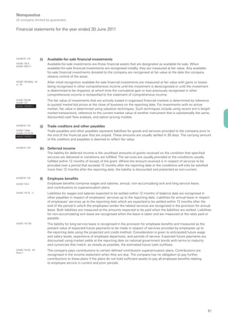 Nonquestus
(A company limited by guarantee)

Financial statements for the year ended 30 June 2011




AASB101.119           (i)   Available-for-sale financial investments
AASB 139.9                  Available-for-sale investments are those financial assets that are designated as available-for-sale. When
AASB 1004.11
                            available-for-sale financial investments are recognised initially, they are measured at fair value. Any available-
                            for-sale financial investments donated to the company are recognised at fair value at the date the company
                            obtains control of the asset.
AASB 139.55(b), .67         After initial recognition available-for-sale financial investments are measured at fair value with gains or losses
to .70
                            being recognised in other comprehensive income until the investment is derecognised or until the investment
                            is determined to be impaired, at which time the cumulative gain or loss previously recognised in other
                            comprehensive income is reclassified to the statement of comprehensive income.
AASB 139.48                 The fair value of investments that are actively traded in organised financial markets is determined by reference
AASB 7.27
AASB 7.RDR27.1
                            to quoted market bid prices at the close of business on the reporting date. For investments with no active
                            market, fair value is determined using valuation techniques. Such techniques include using recent arm’s length
                            market transactions, reference to the current market value of another instrument that is substantially the same,
                            discounted cash flow analysis, and option pricing models.

AASB101.119           (j)   Trade creditors and other payables
AASB 7.29(a)                Trade payables and other payables represent liabilities for goods and services provided to the company prior to
AASB 7.27 & 29
AASB 7.RDR27.1
                            the end of the financial year that are unpaid. These amounts are usually settled in 30 days. The carrying amount
                            of the creditors and payables is deemed to reflect fair value.

AASB101.119           (k) Deferred income
                            The liability for deferred income is the unutilised amounts of grants received on the condition that specified
                            services are delivered or conditions are fulfilled. The services are usually provided or the conditions usually
                            fulfilled within 12 months of receipt of the grant. Where the amount received is in respect of services to be
                            provided over a period that exceeds 12 months after the reporting date or the conditions will only be satisfied
                            more than 12 months after the reporting date, the liability is discounted and presented as non-current.

AASB101.119           (l)   Employee benefits
AASB 119.4                  Employee benefits comprise wages and salaries, annual, non-accumulating sick and long service leave,
                            and contributions to superannuation plans.
AASB 119.10, .11            Liabilities for wages and salaries expected to be settled within 12 months of balance date are recognised in
                            other payables in respect of employees’ services up to the reporting date. Liabilities for annual leave in respect
                            of employees’ services up to the reporting date which are expected to be settled within 12 months after the
                            end of the period in which the employees render the related services are recognised in the provision for annual
                            leave. Both liabilities are measured at the amounts expected to be paid when the liabilities are settled. Liabilities
                            for non-accumulating sick leave are recognised when the leave is taken and are measured at the rates paid or
                            payable.
AASB 119.128                The liability for long service leave is recognised in the provision for employee benefits and measured as the
                            present value of expected future payments to be made in respect of services provided by employees up to
                            the reporting date using the projected unit credit method. Consideration is given to anticipated future wage
                            and salary levels, experience of employee departures, and periods of service. Expected future payments are
                            discounted using market yields at the reporting date on national government bonds with terms to maturity
                            and currencies that match, as closely as possible, the estimated future cash outflows.
AASB 119.43, .44            The company pays contributions to certain defined contribution superannuation plans. Contributions are
Note 7
                            recognised in the income statement when they are due. The company has no obligation to pay further
                            contributions to these plans if the plans do not hold sufficient assets to pay all employee benefits relating
                            to employee service in current and prior periods.




                                                                                                                                                 61
 