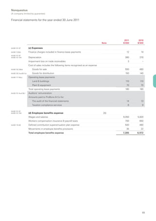 Nonquestus
(A company limited by guarantee)

Financial statements for the year ended 30 June 2011




                                                                                                     2011    2010
                                                                                            Note    $’000   $’000

AASB 101.97           (c) Expenses
AASB 7.20(b)          Finance charges included in finance lease payments                               12      14
AASB 101.97
AASB 101.104          Depreciation                                                                   380     270
                      Impairment loss on trade receivables                                             3        –
                      Cost of sales includes the following items recognised as an expense
AASB 102.36(d)           Goods for sale                                                              550     480
AASB 102.Aus36.1(c)      Goods for distribution                                                      150     140
AASB 117.35(c)        Operating lease payments
                         Land & buildings                                                             110     110
                         Plant & equipment                                                            70      70
                      Total operating lease payments                                                 180     180
AASB 101.Aus138.1     Auditors’ remuneration
                      Amounts paid to ProBono & Co for:
                         The audit of the financial statements                                        14       13
                         Taxation compliance services                                                  6       9

AASB 101.97
AASB 101.104          (d) Employee benefits expense                                          2(l)
                      Wages and salaries                                                            6,050   5,820
                      Workers compensation insurance & payroll taxes                                 700     650
AASB 119.46           Defined contribution superannuation plan expense                               500     480
                      Movements in employee benefits provisions                                       35      22
                      Total employee benefits expense                                               7,285   6,972




                                                                                                                65
 