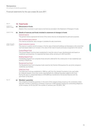 Nonquestus
(A company limited by guarantee)

Financial statements for the year ended 30 June 2011




Note 10
                    13. Total funds
AASB 101.77         (a)   Movements in funds
AASB 101.106(d)
                          Details of the movement in each reserve and fund are provided in the Statement of Changes in Funds.

AASB 101.79(b)      (b)   Details of reserves and funds included in statement of changes in funds
                          General reserve
                          The general reserve represents the funds of the charity that are not designated for particular purposes.

                          Net unrealised gains reserve
                          This reserve records fair value changes in available-for-sale investments.
AASB 116.Aus39.1,         Asset revaluation reserve
Aus40.1, Aus40.2.
                          This reserve is used to record increases in the fair value of land and buildings and decreases to the extent that
                          such decreases relate to an increase in the value of that class of assets previously recognised in the reserve.

                          Cyclical Repair Fund
                          The Cyclical Repair Fund has been established to meet the costs of major refurbishments and repairs at
                          residential care properties. It is expected that these will be carried out in 2012 and 2013.

                          Building Appeal Fund
                          The Building Appeal Fund comprises those amounts collected for the construction of new residential care
                          facilities in Heathcote.

                          Residential Care Fund
                          The Residential Care Fund comprises funds raised by the Friends of Nonquestus for use at the company’s
                          residential care facilities.

                          Child Care Fund
                          The Child Care Fund was established in 1994 by a gift from the Liberalis Foundation to be used solely
                          for childcare projects. Since then sundry restricted gifts for childcare have been added to the Fund.
                          During the year an unexpended balance of $15,000 was transferred to the General Reserve with the
                          permission of the donor.

Note 15             (c)   Members’ guarantee
                          The company is limited by guarantee. In the event of the company being wound up, the constitution states
                          that each member is required to contribute a maximum of $20 towards meeting any outstanding obligations
                          of the company. At 30 June 2011 the number of members was 125 (2010: 120).




                                                                                                                                          75
 