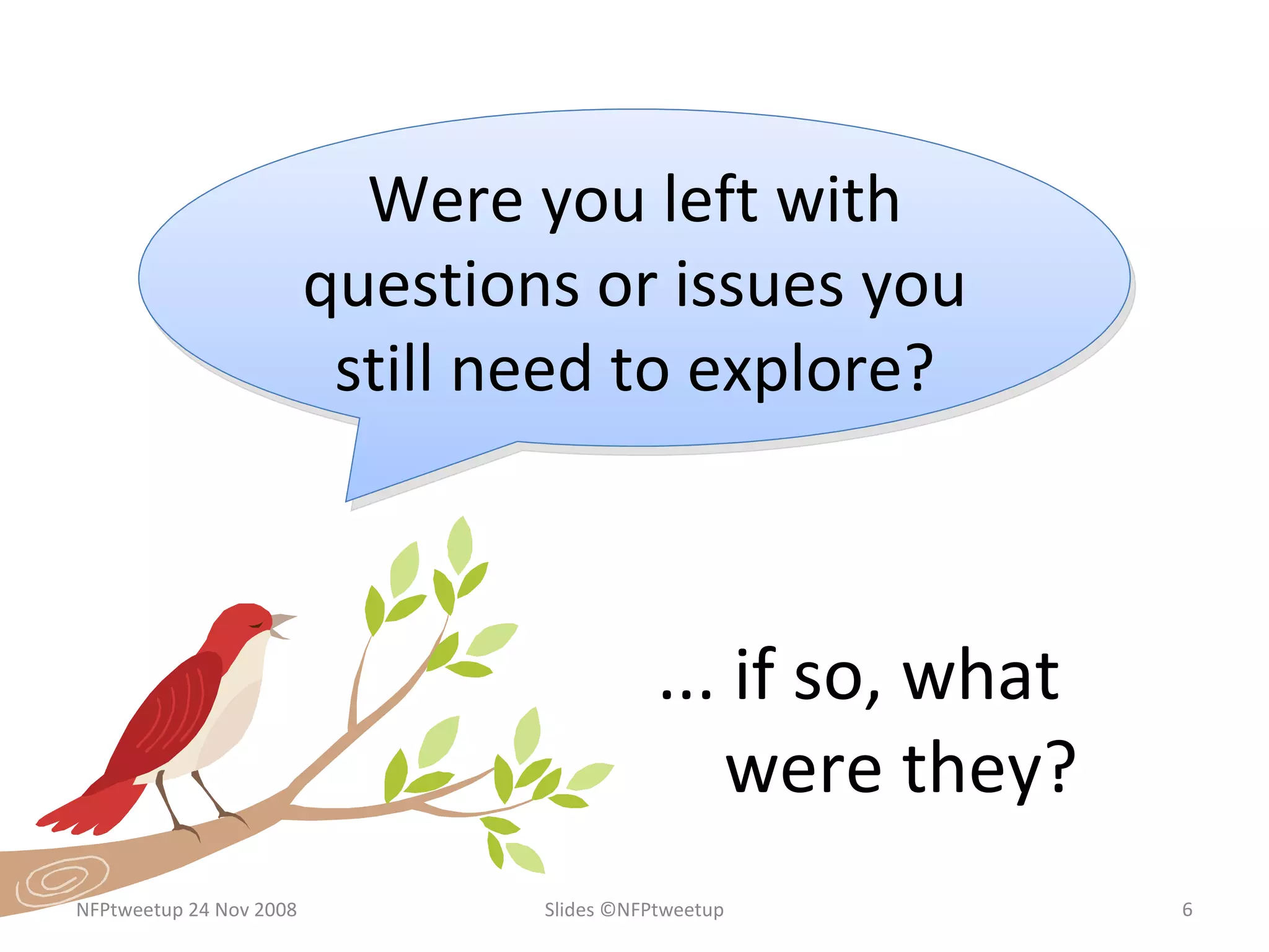 NFPtweetup 24 Nov 2008 Slides ©NFPtweetup Were you left with questions or issues you still need to explore? ... if so, what  were they? 