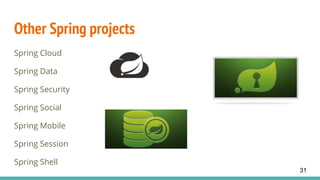 Other Spring projects
Spring Cloud
Spring Data
Spring Security
Spring Social
Spring Mobile
Spring Session
Spring Shell
31
 