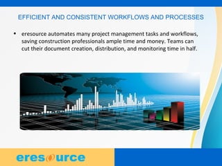3
3
3
EFFICIENT AND CONSISTENT WORKFLOWS AND PROCESSES
• eresource automates many project management tasks and workflows,
saving construction professionals ample time and money. Teams can
cut their document creation, distribution, and monitoring time in half.
 