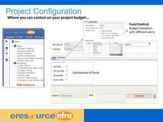 26
Project Configuration
Distribution of funds
Fund Control
Budget Validation
with different alerts
PMC Features
Where you can control on your project budget...
 