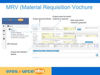 36
MRV (Material Requisition Vochure
Project General Details
Project Item Details
Details
SEP Features
Project name for which
material is required
Date upto which
material is required
 