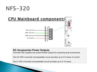 CPU Mainboard components DC Accessories Power Outputs Terminal TB2 supplies two power-limited outputs for powering local accessories.  One 24 VDC (nominal) nonressetable circuit provides up to 0-5 amps of current.  One 5 VDC (nominal) nonressetable circuit provides up to 0.15 amps.  