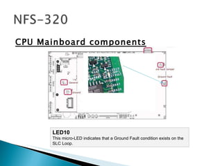 CPU Mainboard components LED10 This micro-LED indicates that a Ground Fault condition exists on the SLC Loop.  