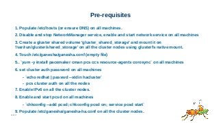 06/08/15
Pre-requisites
1. Populate /etc/hosts (or ensure DNS) on all machines.
2. Disable and stop NetworkManager service, enable and start network service on all machines
3. Create a gluster shared volume 'gluster_shared_storage' and mount it on
'/var/run/gluster/shared_storage' on all the cluster nodes using glusterfs native mount.
4. Touch /etc/ganesha/ganesha.conf (empty file)
5.. `yum -y install pacemaker cman pcs ccs resource-agents corosync` on all machines
6. set cluster auth password on all machines
- `echo redhat | passwd --stdin hacluster`
- pcs cluster auth on all the nodes
7. Enable IPv6 on all the cluster nodes.
8. Enable and start pcsd on all machines
- `chkconfig --add pcsd; chkconfig pcsd on; service pcsd start`
9. Populate /etc/ganesha/ganesha-ha.conf on all the cluster nodes.
 