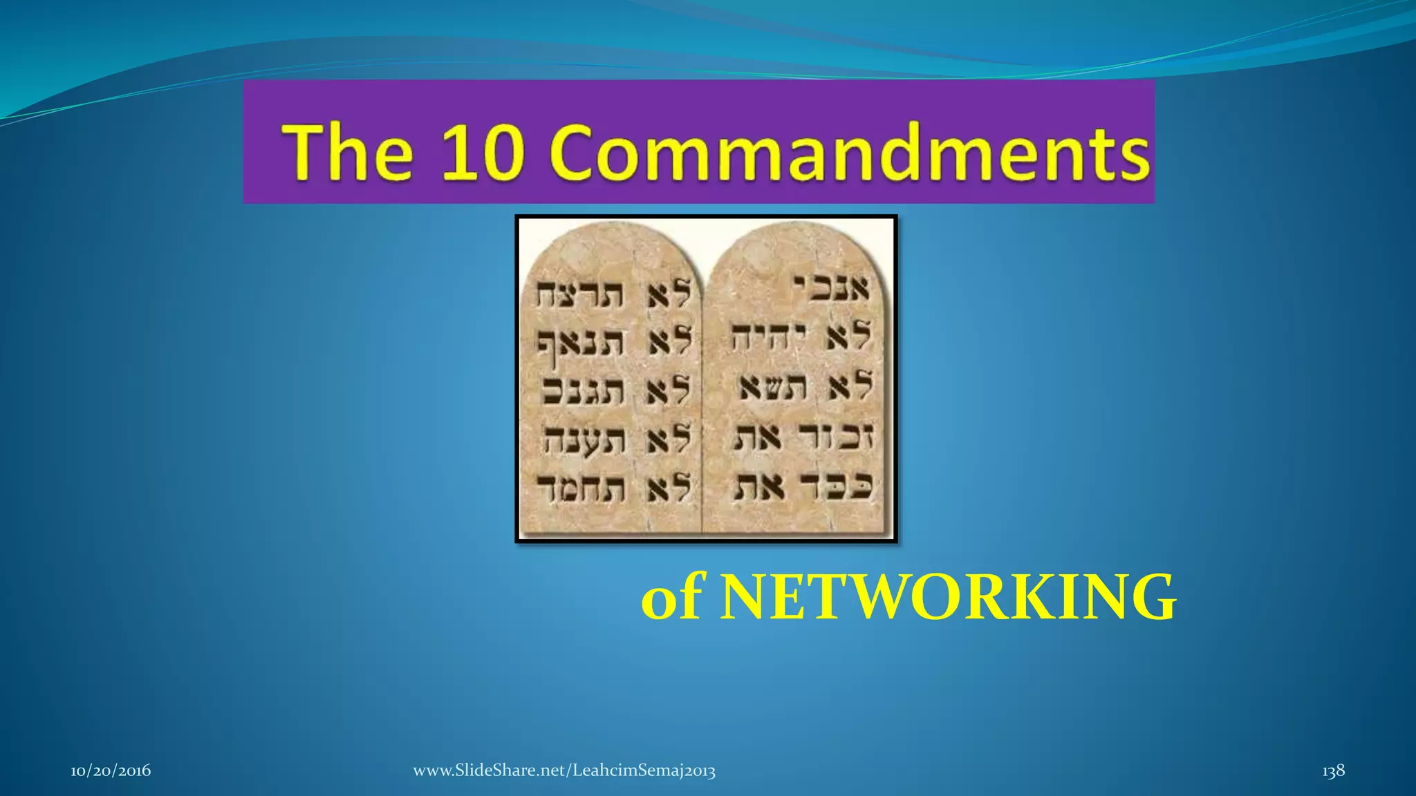 of NETWORKING
10/20/2016 www.SlideShare.net/LeahcimSemaj2013 138
 