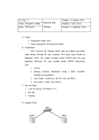 No. Exp : 1 
Network File 
Sharing 
Tanggal : 13 Agustus 2014 
Nama : M Syahrul Fadillah Pelajaran : Adm. Server 
Kelas : XII TKJ B Pemateri : 1. Supriyadi A.md 
A. Tujuan 
 Mengetahui Fungsi NFS 
 Dapat menerapkan NFS pada OS tertentu 
B. Pendahuluan 
NFS (Network File Sharing) adalah salah satu aplikasi yang dibuat 
untuk sharing (berbagi) file antar computer. NFS hanya dapat berjalan di 
lingkungan UNIX, dan asalkan memnuhi standar POSIX pada OS yang 
digunakan. Beberapa OS yang memiliki standar POSIX dianataranya 
yaitu: 
1. LINUX 
2. Berkeley Software Distribution Family ( BSD, FreeBSD, 
NetBSD, dan OpenBSD ) 
3. Unix Family ( Tru64Unix, HP-UX, AIX, dan IRIX ) 
4. Sun Family ( Solaris, dan SunOS ) 
C. Alat dan bahan 
1. 1 unit PC/Laptop ( OS Debian 7.5 ) 
2. Alat tulis 
3. Topologi 
D. Langkah Kerja 
 