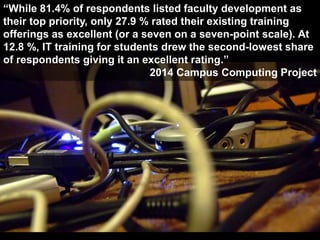 “While 81.4% of respondents listed faculty development as
their top priority, only 27.9 % rated their existing training
offerings as excellent (or a seven on a seven-point scale). At
12.8 %, IT training for students drew the second-lowest share
of respondents giving it an excellent rating.”
2014 Campus Computing Project
 