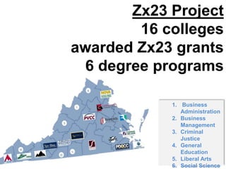 Zx23 Project
16 colleges
awarded Zx23 grants
6 degree programs
1. Business
Administration
2. Business
Management
3. Criminal
Justice
4. General
Education
5. Liberal Arts
6. Social Science
 