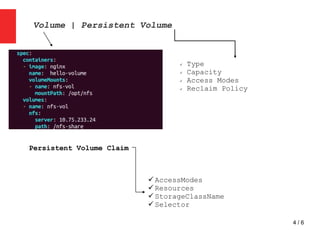 4 / 6
Volume | Persistent Volume
 Type
 Capacity
 Access Modes
 Reclaim Policy
Persistent Volume Claim
 AccessModes
 Resources
 StorageClassName
 Selector
 