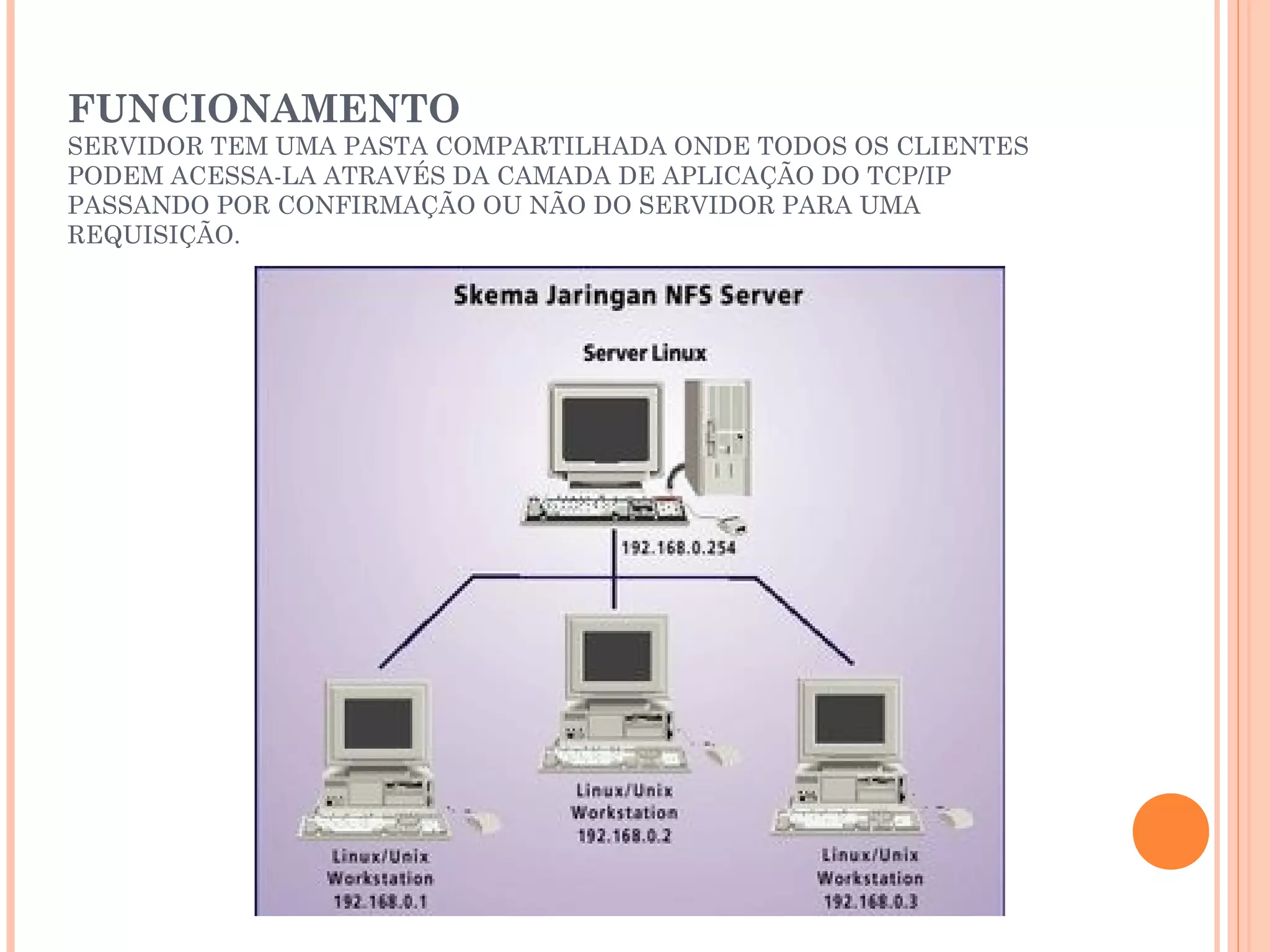 FUNCIONAMENTO
SERVIDOR TEM UMA PASTA COMPARTILHADA ONDE TODOS OS CLIENTES
PODEM ACESSA-LA ATRAVÉS DA CAMADA DE APLICAÇÃO DO TCP/IP
PASSANDO POR CONFIRMAÇÃO OU NÃO DO SERVIDOR PARA UMA
REQUISIÇÃO.
 