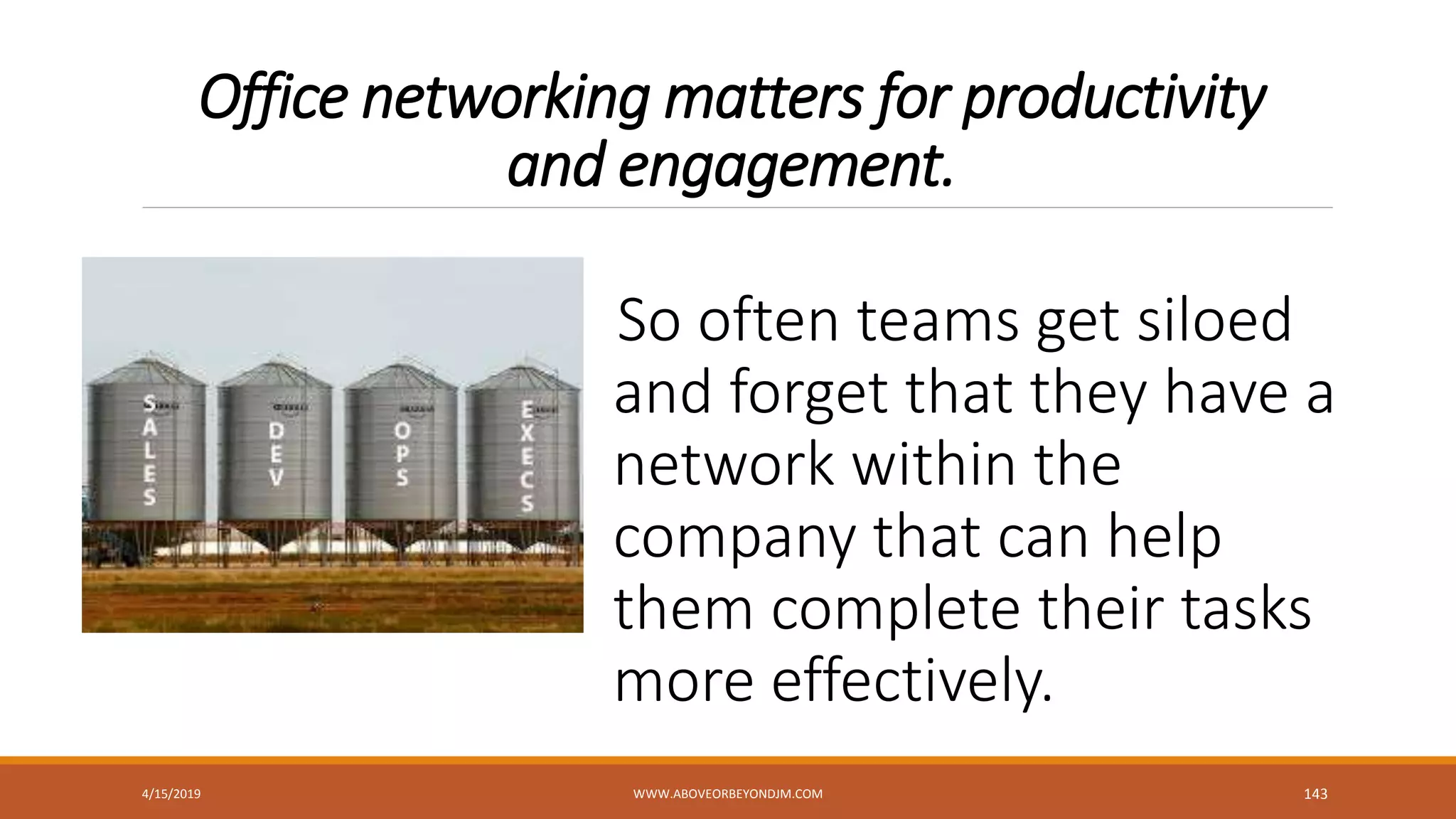 Office networking matters for productivity
and engagement.
So often teams get siloed
and forget that they have a
network within the
company that can help
them complete their tasks
more effectively.
4/15/2019 WWW.ABOVEORBEYONDJM.COM 143
 