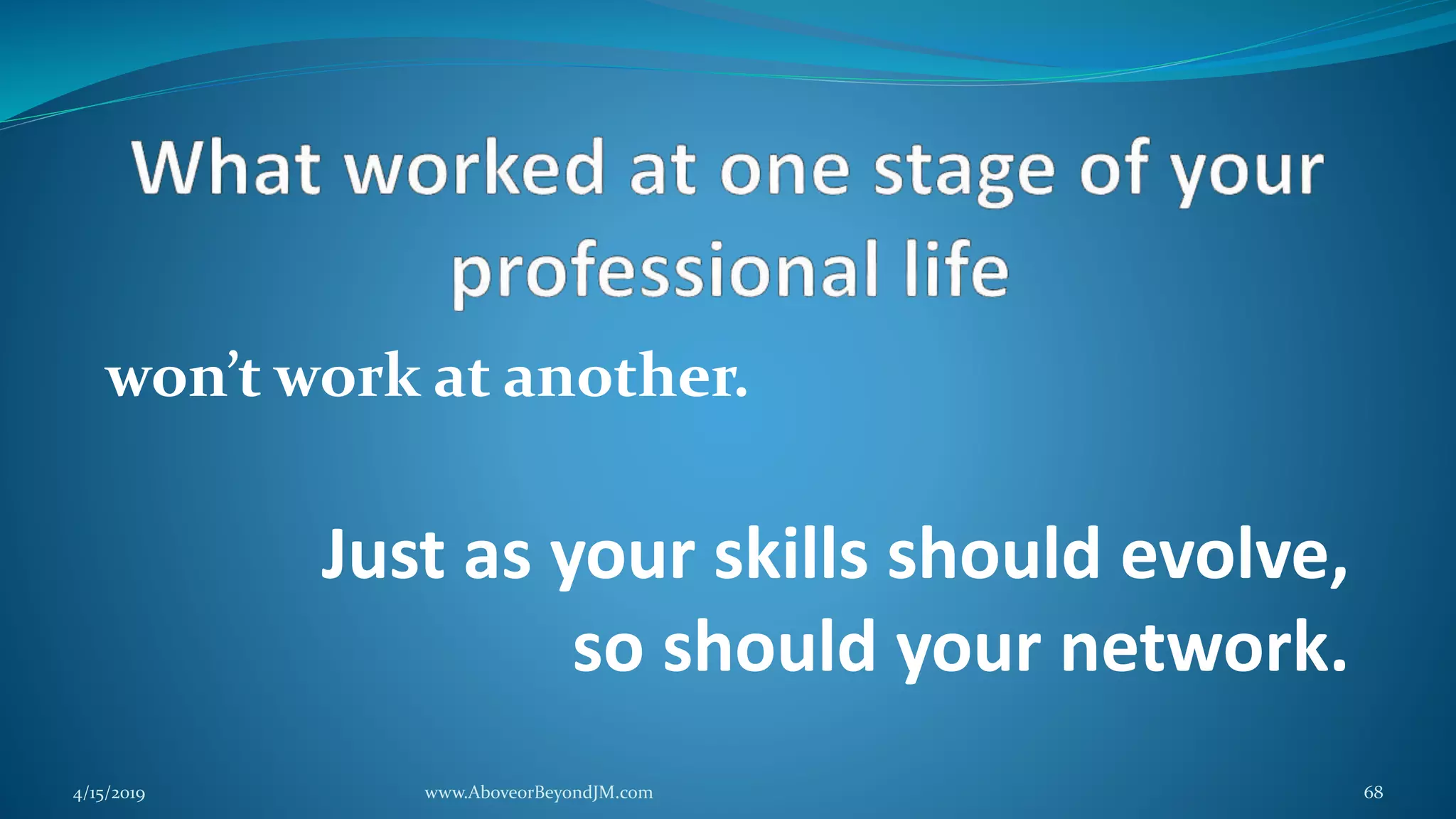 won’t work at another.
Just as your skills should evolve,
so should your network.
4/15/2019 www.AboveorBeyondJM.com 68
 