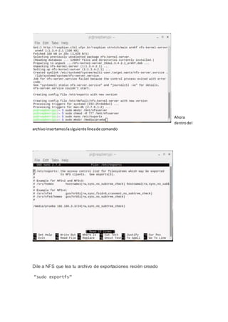 Ahora
dentrodel
archivoinsertamoslasiguientelíneade comando
Dile a NFS que lea tu archivo de exportaciones recién creado
“sudo exportfs”
 