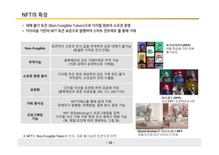 - 24 -
NFT의 특성
• 대체 불가 토큰 (Non Fungible Token)으로 디지털 원본의 소유권 증명
• 이더리움 기반의 NFT 토큰 표준으로 발행하여 스마트 컨트렉트 를 통해 거래
추적가능
블록체인의 모든 거래이력은 추적 가능
(거래 내역이 공개적으로 기록됨)
소유권 증명 용이
디지털 자산 최초 생성부터 모든 거래 위조 불가
저작권자, 소유권자 진위 수월함
표준화
디지털 자산을 토큰화 하여 표준화 저장
(블록체인의 표준 프로토콜, ERC 721, ERC1155)
거래 용이성
NFT거래소를 통해 쉽게 거래,
판매자가 발행량, 판매방법, 결제 방식 결정 가능
프로그래밍
가능
NFT 생성(Minting)시 프로그래밍을 입력
디지털 자산 거래 이후 특정 조건 충족시 변화 가능
(예, 계절/조건에 따라 변화하는 그림 등)
Non-Fungible
토큰마다 고유의 인식 값을 부여하여 상호 대체가 불가능
(동일한 가치로 인식 안됨)
※ NFT는 Non-Fungible Token의 약자. 대체 불가능한 토큰으로 번역
Daniel Arsham의 로마의 침식 NFT
계절/조건에 따라 이미지가 변화
메타콩즈 (PFP)
국내 PFP 프로젝트로 1위
희귀성캐릭터(PFP)
개별 특성을 가진 대체
불가능성
 