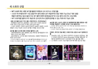 - 32 -
4) 스포츠 산업
• NFT 스포츠 카드 시장: NFT를 활용한 마케팅과 신규 비즈니스 모델 창출
- 스포츠 마니아층의 NFT 수집 상품 투자 증대 (NBA 경기 하일라이트 영상 ‘NBA Top Shot’ 대표 상품)
팬들이 좋아하는 팀선수들의 주요 경기 활약 장면의 동영상을 NFT로 수집 (종이,사진,카드 수집 대체)
- NFT 보유자를 일종의 주주 개념으로 선수단의 의사 결정에 참여할 수 있는 커뮤니티 기능도 강화
운동 선수들의 NFT 카드 출시: 메이저리그, 미국프로농구
- 회계법인 딜로이트 글로벌은 스포츠 NFT 시장의 2022년
거래 규모가 2021년의 두 배인 20억 달러 예상
- 스포츠 콘텐츠 시장은 2022년 말까지 400만~500만 스포츠
팬들이 수집 가능한 스포츠 NFT를 구매할 것으로 전망
이베이, 하키의 전설 웨인 그레츠키와 손잡고 NFT 업계에 진
출
• OneOf는 남은 기간 동안 상징적인 선수들이 등장하는, '웹
3 시대의 상징적인 Sports Illustrated 커버를 재해석한' 이
베이와 협력하여 NFT 시리즈를 추가로 출시할 계획
• 신 세대의 스포츠 수집가들의 NFT에 대한 접근성 제공
<두산베어스 투수 니퍼트 , 대구FC 세징야, 프로골퍼 임희정, 베이징 동계올림픽 선수단의 NFT> <이베이+ 웨인크레츠키NFT>
NFT를 넘어 스포츠 산업이 곧 블록체인을 통해 관중과 시즌
티켓을 연결하기 시작할 것으로 기대 (딜로이트)
- 스마트 계약이 동적 티켓 가격 책정 및 재판매와 관련된 프
로세스를 간소화 가능
- 스포츠 주최자 및 팀을 위해 새로운 수익원을 창출 예상
NFT를 통한 선수에 대한 이력과 활약이 소개
- 대한체육회에서 올초 발행한 2022 베이징 동계올림픽 국가
대표 선수단 NFT 발매
- 골프계에서는 선수와 동반 라운딩권도 포함한 박현경과 임
희정 선수의 NFT
- ‘두산디지털이노베이션’ 선수들 NFT발매:2016년 한국시리
즈에서 두산베어스를 우승으로 이끈 투수 니퍼트 선수 NFT
 