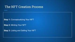 The NFT Creation Process
Step 1: Conceptualizing Your NFT
Step 2: Minting Your NFT
Step 3: Listing and Selling Your NFT
 