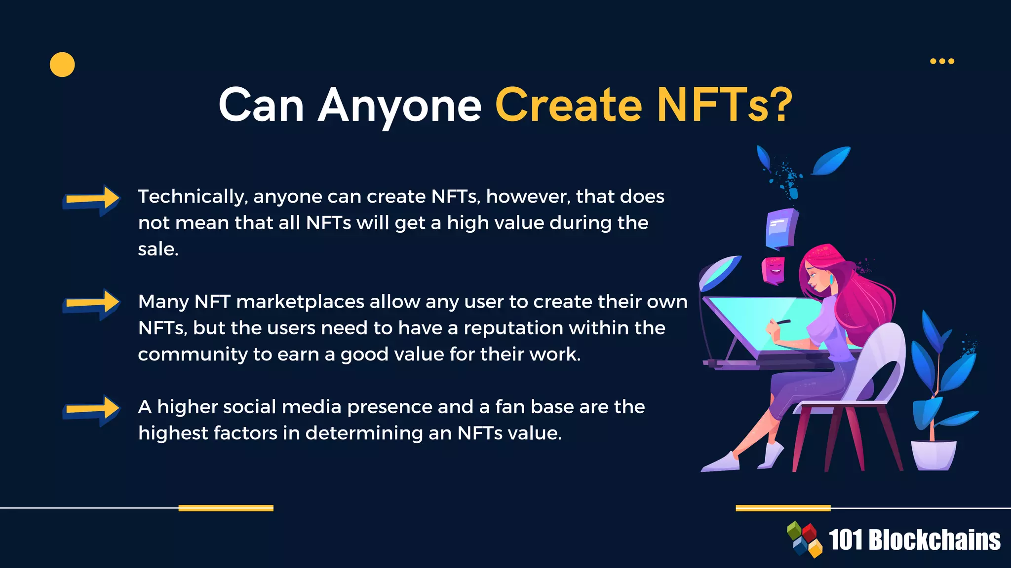 Technically, anyone can create NFTs, however, that does
not mean that all NFTs will get a high value during the
sale.
Many NFT marketplaces allow any user to create their own
NFTs, but the users need to have a reputation within the
community to earn a good value for their work.
A higher social media presence and a fan base are the
highest factors in determining an NFTs value.
Can Anyone Create NFTs?
 