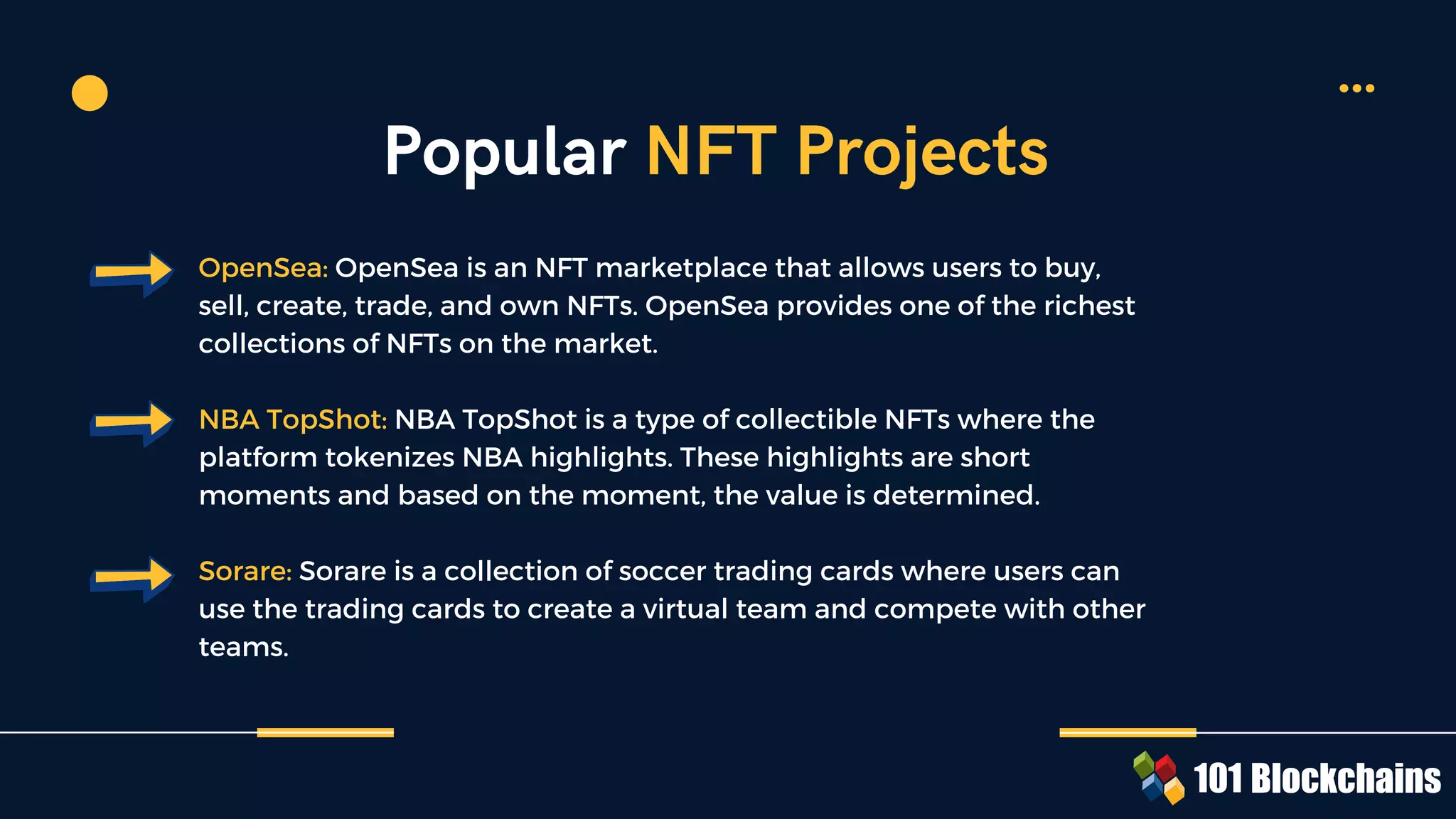 OpenSea: OpenSea is an NFT marketplace that allows users to buy,
sell, create, trade, and own NFTs. OpenSea provides one of the richest
collections of NFTs on the market.
NBA TopShot: NBA TopShot is a type of collectible NFTs where the
platform tokenizes NBA highlights. These highlights are short
moments and based on the moment, the value is determined.
Sorare: Sorare is a collection of soccer trading cards where users can
use the trading cards to create a virtual team and compete with other
teams.
Popular NFT Projects
 