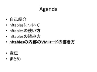 Agenda
• 自己紹介
• nftablesについて
• nftablesの使い方
• nftablesの読み方
• nftablesの書き方
• 宣伝
• まとめ
 