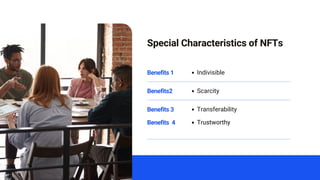 Special Characteristics of NFTs
Indivisible
Scarcity
Transferability
Benefits 1
Benefits2
Benefits 3
Benefits 4 Trustworthy
 