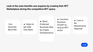 Look at the main benefits one acquires by creating their NFT
Marketplace during this competitive NFT space.
Can
Generate
More ROI
► Helps to
get High
User Base
► Most
Preferred
Business Idea
by Crypto
Entrepreneurs
► Constant
Business
Growth as
long as NFT
exists
► Less or
No
Maintenance
Required
 