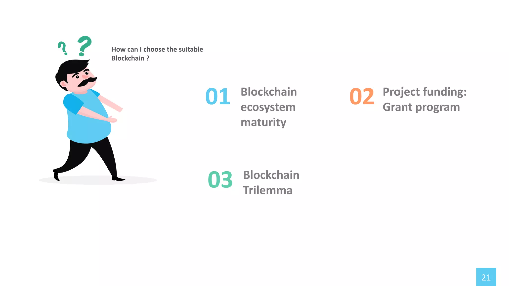 How can I choose the suitable
Blockchain ?
21
01 Blockchain
ecosystem
maturity
03 Blockchain
Trilemma
02 Project funding:
Grant program
 