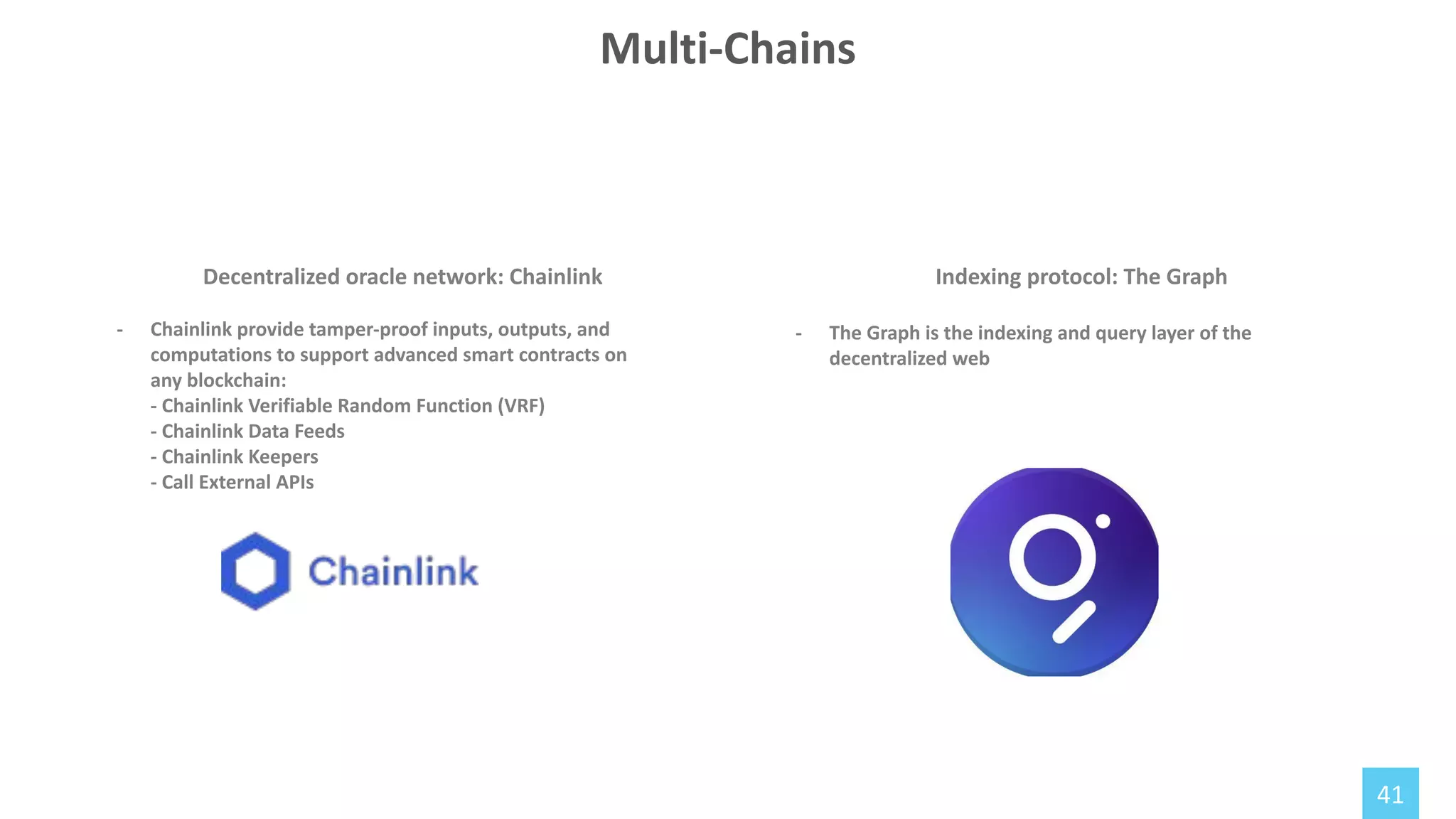 41
Decentralized oracle network: Chainlink
- Chainlink provide tamper-proof inputs, outputs, and
computations to support advanced smart contracts on
any blockchain:
- Chainlink Verifiable Random Function (VRF)
- Chainlink Data Feeds
- Chainlink Keepers
- Call External APIs
Multi-Chains
Indexing protocol: The Graph
- The Graph is the indexing and query layer of the
decentralized web
 
