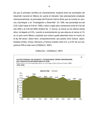 14


De que la actividad científica es crecientemente marginal entre las prioridades del
desarrollo nacional en México da cuenta el indicador más extensamente empleado
internacionalmente: el porcentaje del Producto Interno Bruto que se invierte en cien-
cia y tecnología, o en “Investigación y Desarrollo”. En 1992, ese porcentaje era del
0.32; subió hasta el 0.46 en 1998 y volvió a bajar para mantenerse entre el 0.42 del
año 2000 y el 0.36 del 2006 (Gráfica No. 1). Nunca, al menos en los últimos treinta
años, ha llegado al 0.5%, cuando la recomendación es que alcance al menos el 1%
en un país como México, propósito que incluso quedó plasmado hace no mucho en
la ley del sector. Sobra decir, comparativamente, que países como Suecia, Japón,
Estados Unidos, Corea, Alemania y Francia invierten entre el 2 y el 5% de sus res-
pectivos PIB en este rubro (CONACyT, 2007).


                          Gráfica No. 1 (CONACyT, 2007)
 