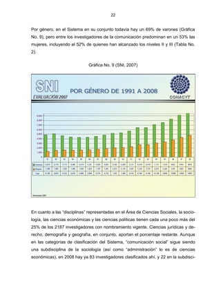22


Por género, en el Sistema en su conjunto todavía hay un 69% de varones (Gráfica
No. 9), pero entre los investigadores de la comunicación predominan en un 53% las
mujeres, incluyendo el 52% de quienes han alcanzado los niveles II y III (Tabla No.
2).


                              Gráfica No. 9 (SNI, 2007)




En cuanto a las “disciplinas” representadas en el Área de Ciencias Sociales, la socio-
logía, las ciencias económicas y las ciencias políticas tienen cada una poco más del
25% de los 2187 investigadores con nombramiento vigente. Ciencias jurídicas y de-
recho, demografía y geografía, en conjunto, aportan el porcentaje restante. Aunque
en las categorías de clasificación del Sistema, “comunicación social” sigue siendo
una subdisciplina de la sociología (así como “administración” lo es de ciencias
económicas), en 2008 hay ya 83 investigadores clasificados ahí, y 22 en la subdisci-
 