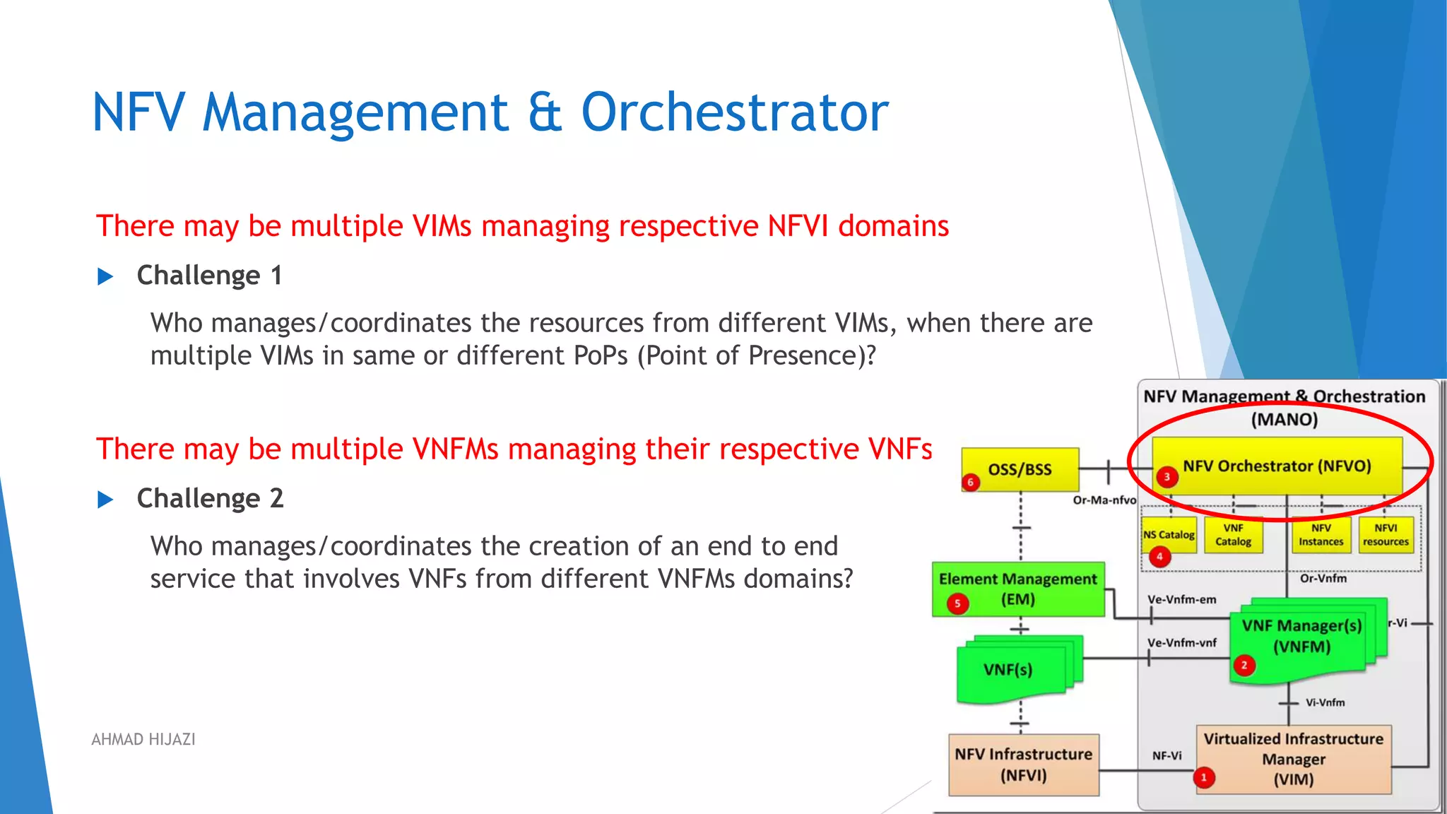 NFV Management & Orchestrator
There may be multiple VIMs managing respective NFVI domains
 Challenge 1
Who manages/coordinates the resources from different VIMs, when there are
multiple VIMs in same or different PoPs (Point of Presence)?
There may be multiple VNFMs managing their respective VNFs
 Challenge 2
Who manages/coordinates the creation of an end to end
service that involves VNFs from different VNFMs domains?
36AHMAD HIJAZI
 