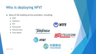 Who is deploying NFV?
 Many of the leading service providers, including:
 AT&T
 Telefonica
 NTT
 CenturyLink
 Telecom Italia
 China Mobile
12AHMAD HIJAZI
 