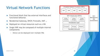 Virtual Network Functions
 Functional block that has external interfaces and
functional behavior.
 Residential Gateway, DHCP, Firewalls, NAT …
 Deployed on virtual resources such as a VM
 Single VNF may be composed of multiple internal
components
• Hence can be deployed over multiple VMs
26AHMAD HIJAZI
 