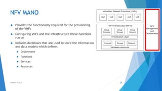 NFV MANO
 Provides the functionality required for the provisioning
of the VNFs
 Configuring VNFs and the infrastructure these functions
run on
 Includes databases that are used to store the information
and data models which defines
 Deployment
 Functions
 Services
 Resources
28AHMAD HIJAZI
 