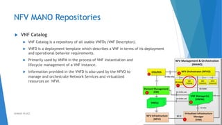 NFV MANO Repositories
 VNF Catalog
 VNF Catalog is a repository of all usable VNFDs (VNF Descriptor).
 VNFD is a deployment template which describes a VNF in terms of its deployment
and operational behavior requirements.
 Primarily used by VNFM in the process of VNF instantiation and
lifecycle management of a VNF instance.
 Information provided in the VNFD is also used by the NFVO to
manage and orchestrate Network Services and virtualized
resources on NFVI.
41AHMAD HIJAZI
 