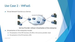 Use Case 2 - VNFaaS
 Virtual Network Function as a Service
Service Provider without virtualization of the enterprise
 Virtualization of the enterprise include:
 Virtualization of the CPE functions (vE-CPE) in the service provider cloud
 Virtualization of the PE functions (vPE)
53AHMAD HIJAZI
 