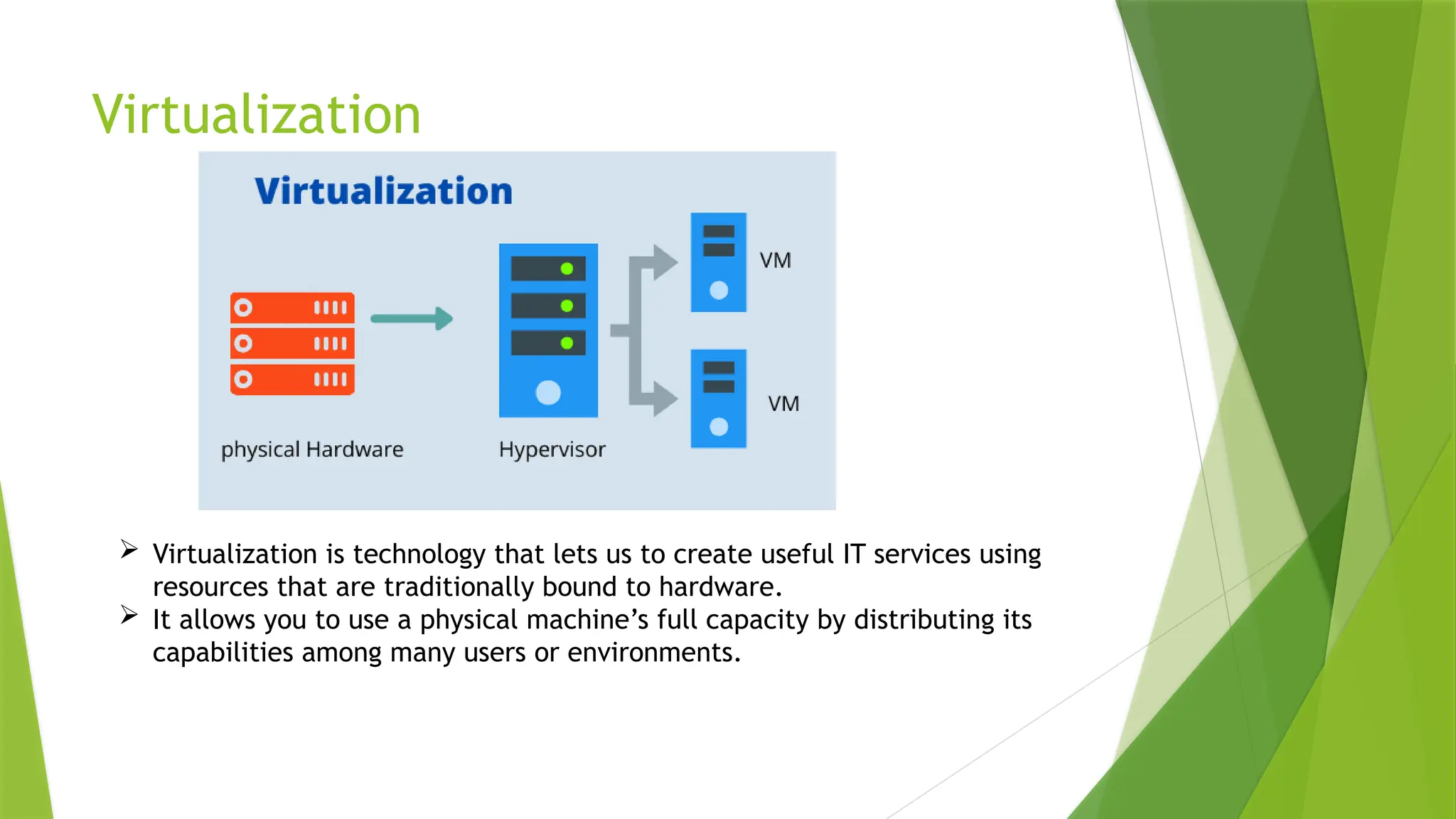 Virtualization
 Virtualization is technology that lets us to create useful IT services using
resources that are traditionally bound to hardware.
 It allows you to use a physical machine’s full capacity by distributing its
capabilities among many users or environments.
 