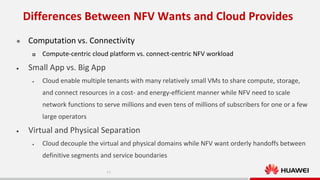 Differences Between NFV Wants and Cloud Provides


Computation vs. Connectivity




Compute-centric cloud platform vs. connect-centric NFV workload

Small App vs. Big App


Cloud enable multiple tenants with many relatively small VMs to share compute, storage,
and connect resources in a cost- and energy-efficient manner while NFV need to scale
network functions to serve millions and even tens of millions of subscribers for one or a few
large operators



Virtual and Physical Separation


Cloud decouple the virtual and physical domains while NFV want orderly handoffs between
definitive segments and service boundaries
11

 